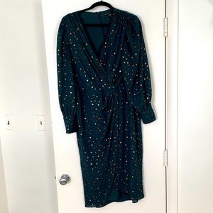 Maggy London dark blue/green and copper dot dress sz 14
